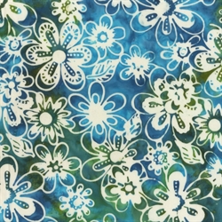 balibatik stof i grøn og blå med hvide blomster